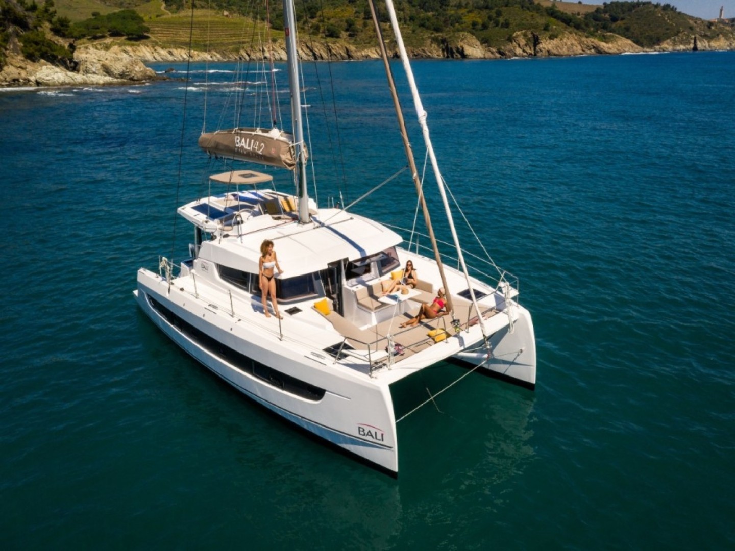 Bali 4.2 eco solar catamaran charter near Cala Jondal, Ibiza