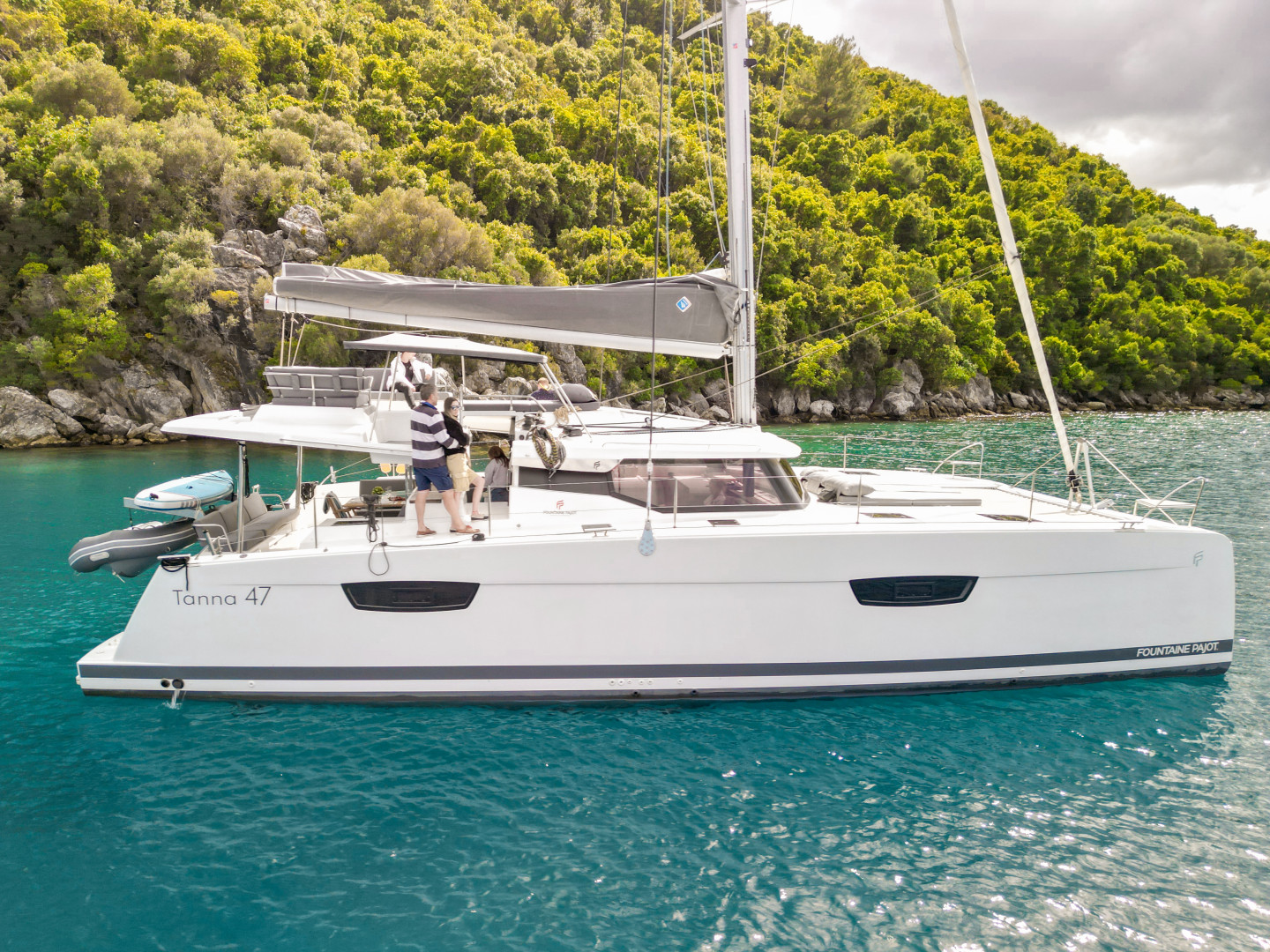 Eco solar yacht anchored in a Turkish cove