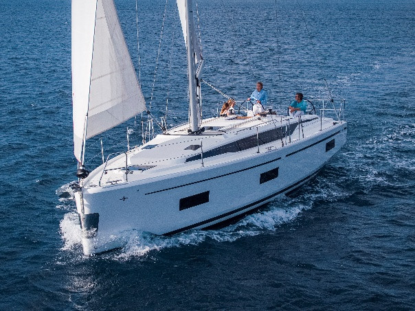 Bavaria C42 eco solar yacht charter at Skorpios private pontoon, Nydri, Greece
